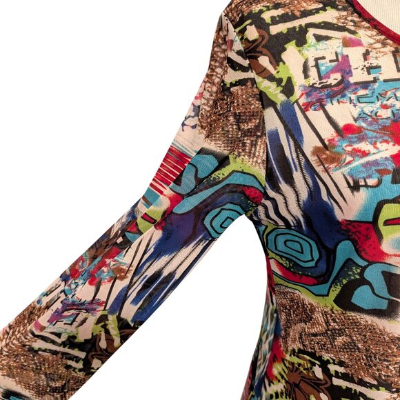 Mirror Image Womens Size S Colorful Abstract Graffiti Art Mesh Ruffle Hem Top - Picture 7 of 11